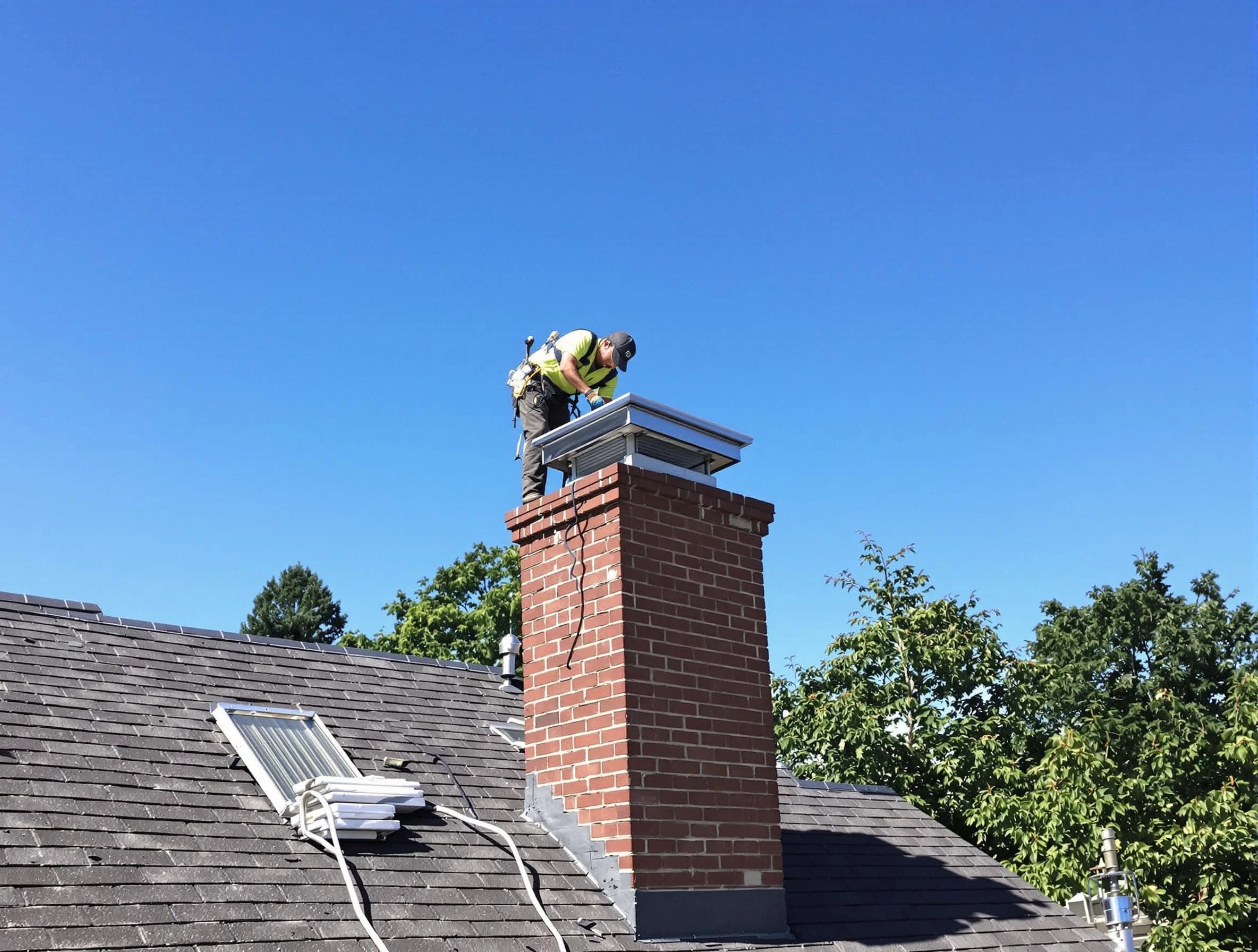 North Plainfield Chimney Sweep technician measuring a chimney cap in North Plainfield, NJ